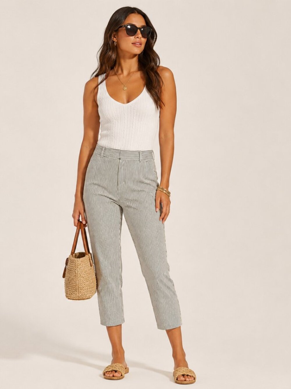 Talbots Gray Blue & White Striped Cotton Cropped Pants